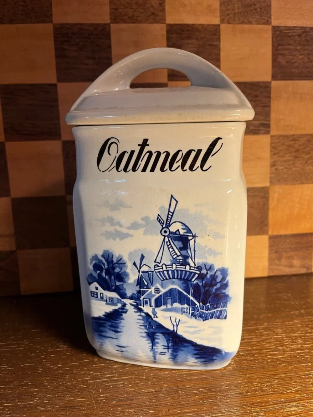 Inge German Blue and White Oatmeal Canister A909, Chip on Lid